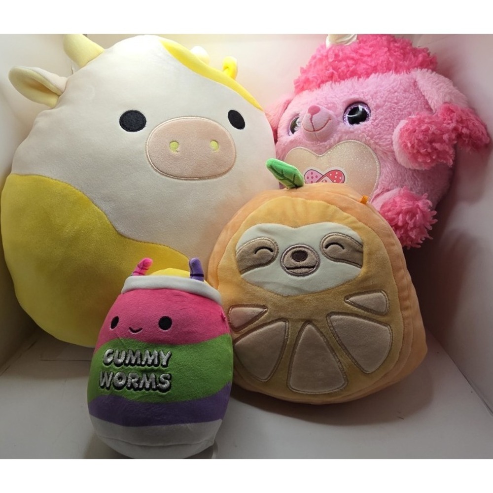 Squishmallows Gummy Worms Cow Sloth Zuru Rainbocorns Plush Bundle Set of 4